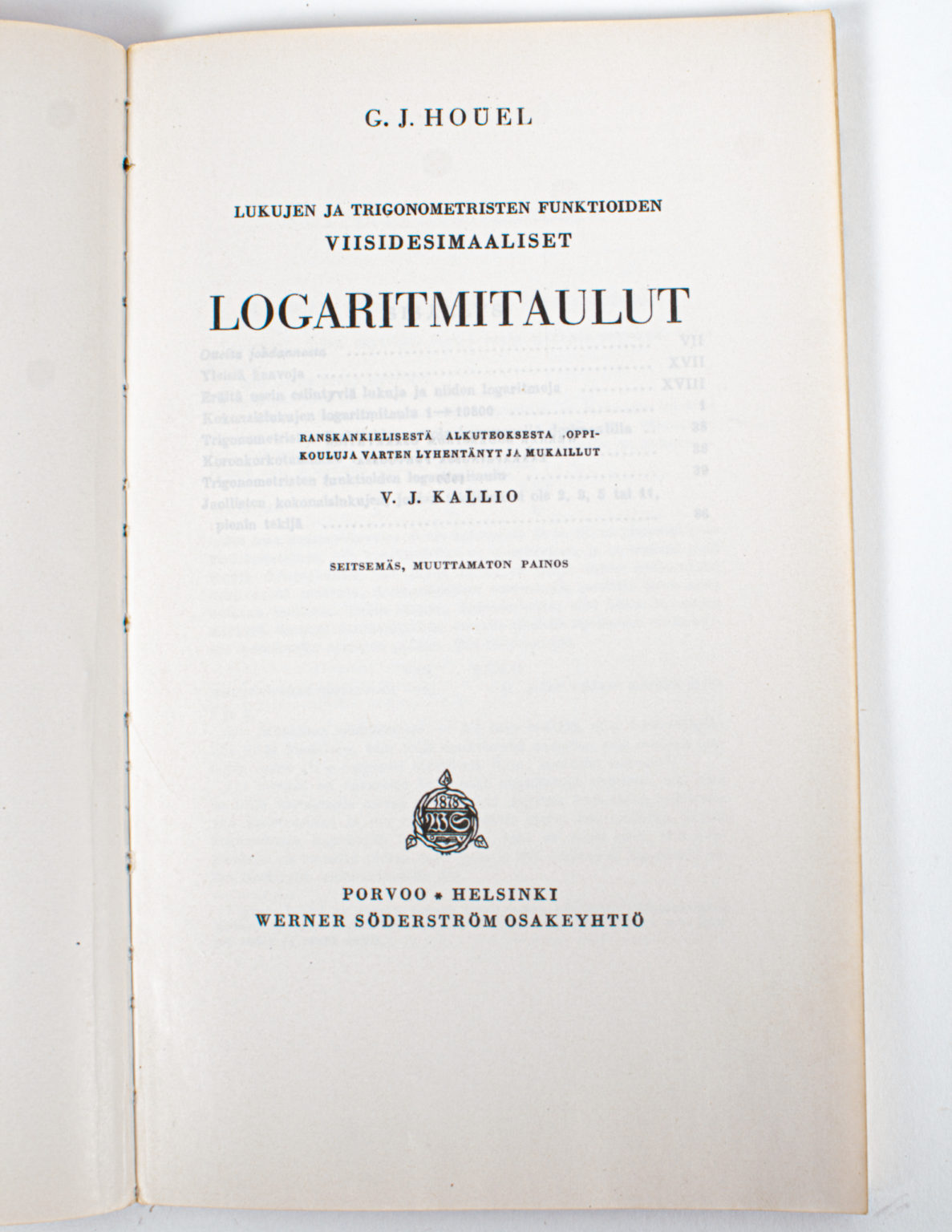Lukujen ja trigonometristen funktioiden viisidesimaaliset logaritmitaulut - Hoüel, Kallio - Image 3